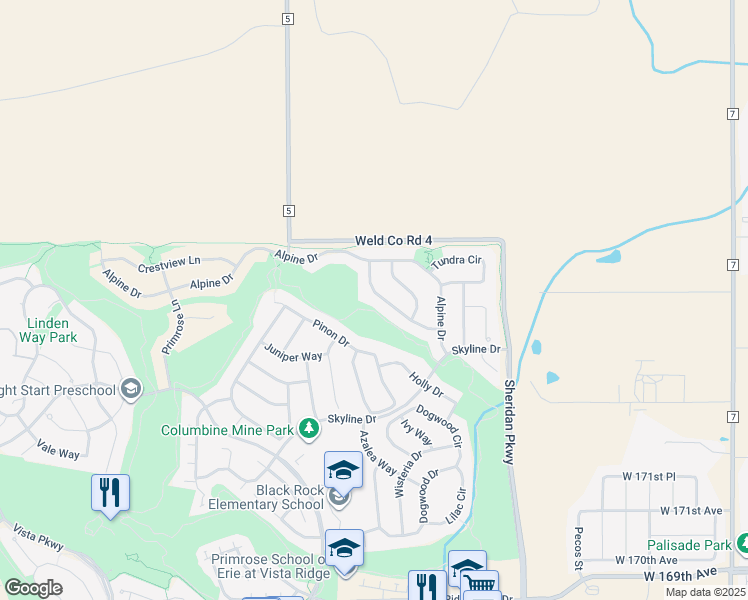 map of restaurants, bars, coffee shops, grocery stores, and more near 2110 Indian Paintbrush Way in Erie