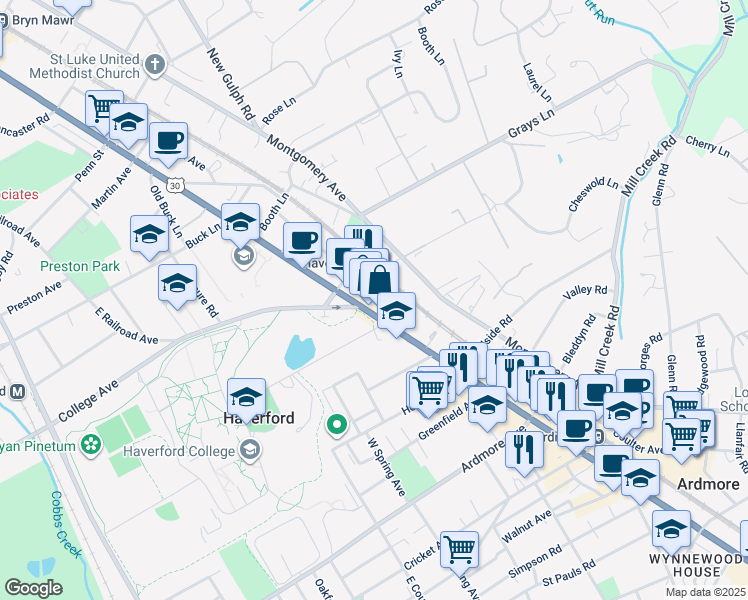 map of restaurants, bars, coffee shops, grocery stores, and more near 377 Lincoln Highway in Haverford