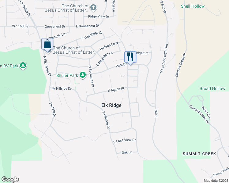 map of restaurants, bars, coffee shops, grocery stores, and more near 11 S Clark Ln in Elk Ridge