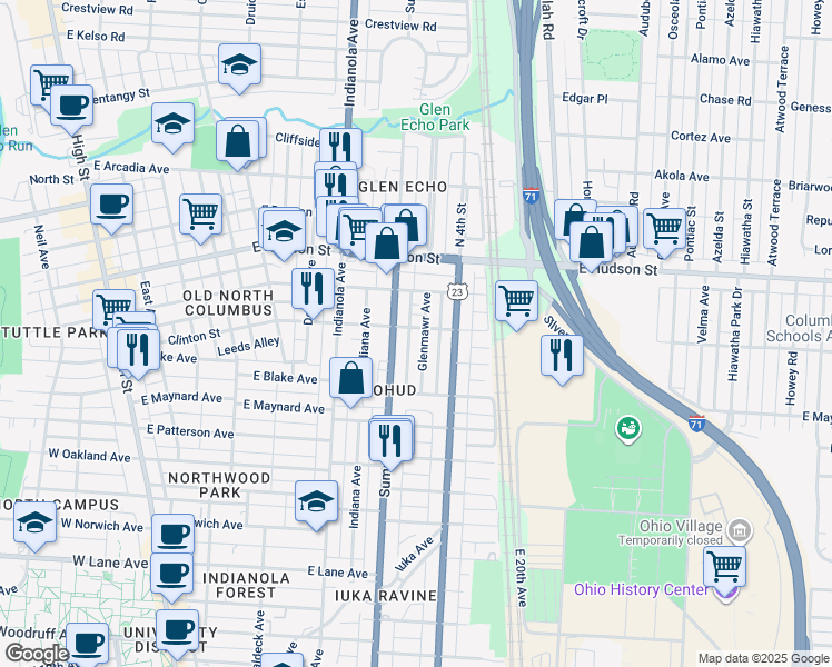 map of restaurants, bars, coffee shops, grocery stores, and more near 415 Clinton Street in Columbus