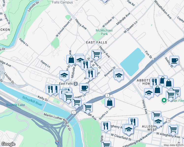 map of restaurants, bars, coffee shops, grocery stores, and more near 3452 Ainslie Street in Philadelphia