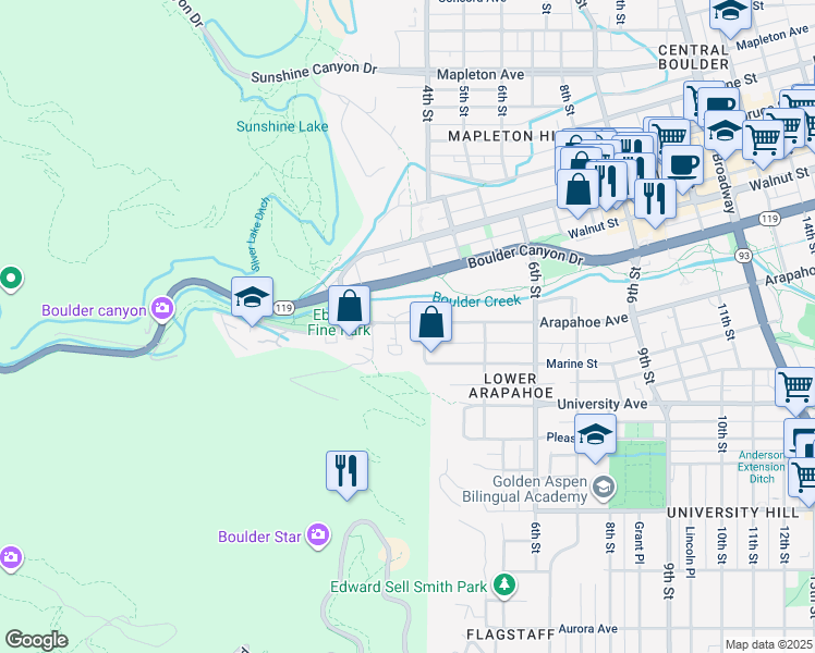 map of restaurants, bars, coffee shops, grocery stores, and more near 358 Arapahoe Avenue in Boulder