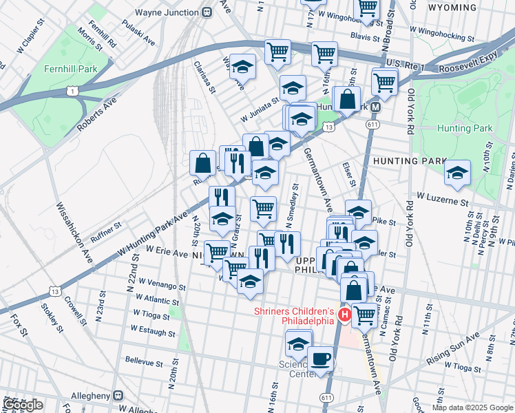 map of restaurants, bars, coffee shops, grocery stores, and more near 3851 North 18th Street in Philadelphia