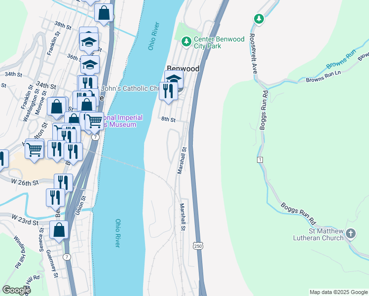 map of restaurants, bars, coffee shops, grocery stores, and more near 1099 Marshall Street in Benwood