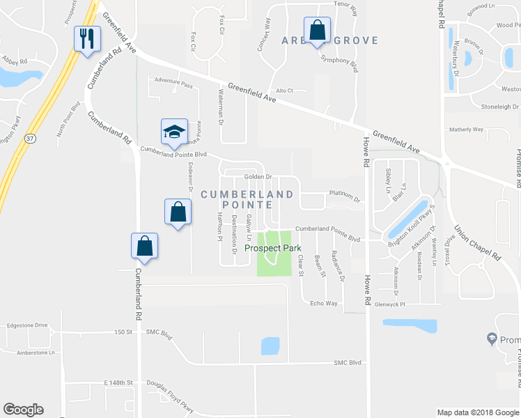 map of restaurants, bars, coffee shops, grocery stores, and more near 10227 Cumberland Pointe Boulevard in Noblesville