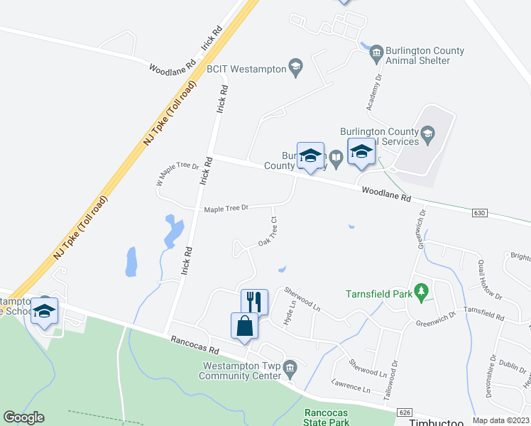 map of restaurants, bars, coffee shops, grocery stores, and more near 14 Oak Tree Court in Westampton