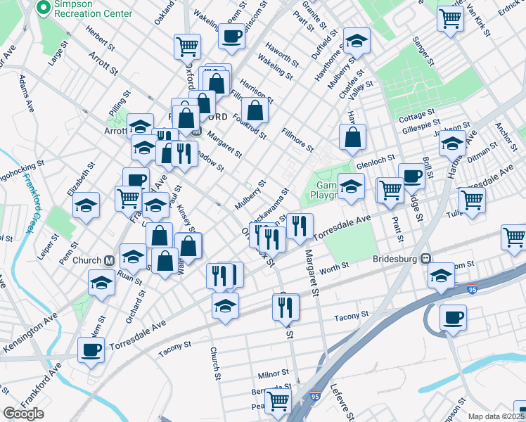 map of restaurants, bars, coffee shops, grocery stores, and more near 4638 Tackawanna Street in Philadelphia