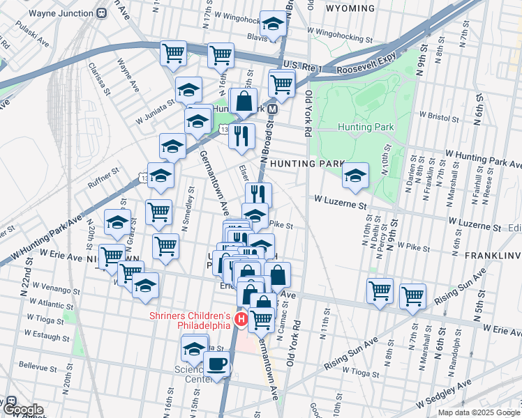 map of restaurants, bars, coffee shops, grocery stores, and more near 1347 West Pike Street in Philadelphia