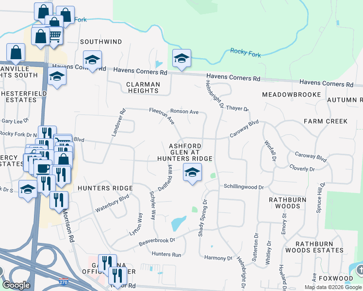 map of restaurants, bars, coffee shops, grocery stores, and more near 775 Ashford Glen Drive in Gahanna