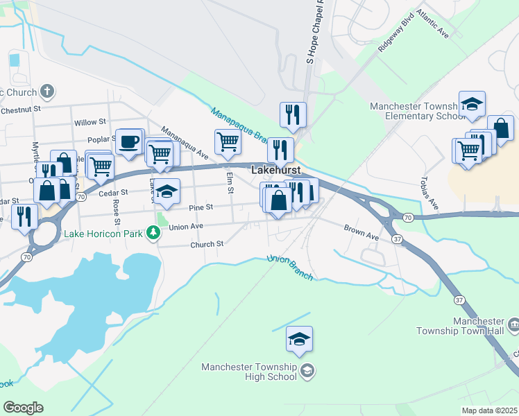 map of restaurants, bars, coffee shops, grocery stores, and more near 111 Union Avenue in Lakehurst