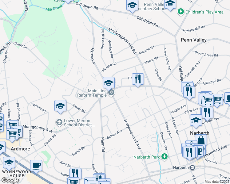 map of restaurants, bars, coffee shops, grocery stores, and more near 3 Wynnewood Court in Narberth