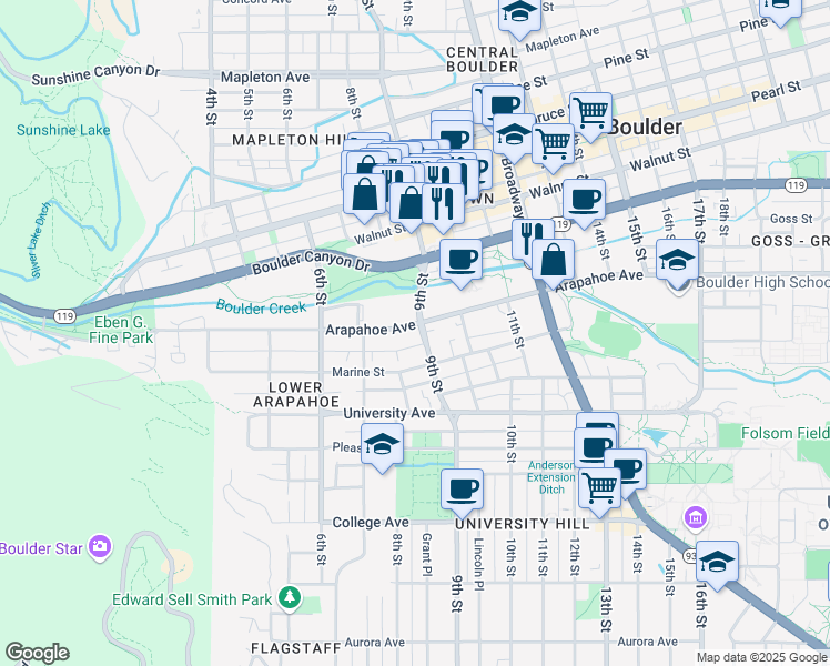 map of restaurants, bars, coffee shops, grocery stores, and more near 1655 9th Street in Boulder