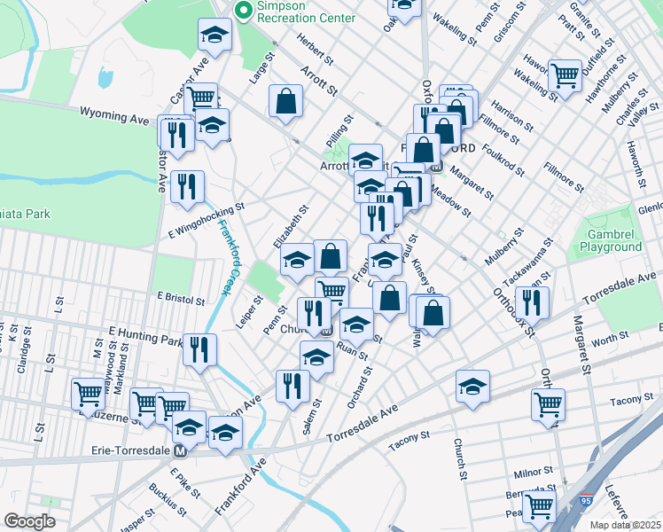 map of restaurants, bars, coffee shops, grocery stores, and more near 4362 Griscom Street in Philadelphia