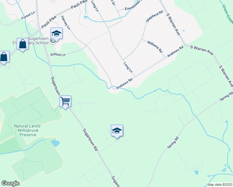 map of restaurants, bars, coffee shops, grocery stores, and more near 27 Andrews Road in Malvern
