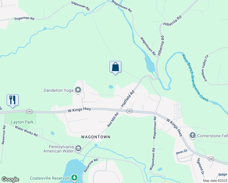 map of restaurants, bars, coffee shops, grocery stores, and more near 107 Laurel Drive in Coatesville