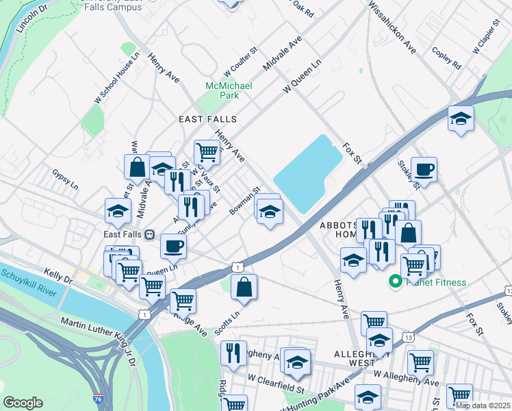 map of restaurants, bars, coffee shops, grocery stores, and more near 3331 Indian Queen Lane in Philadelphia