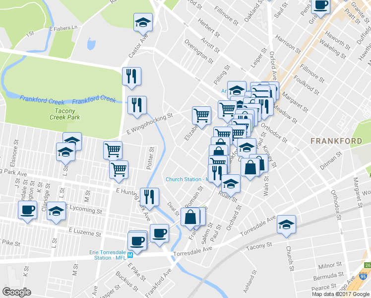 map of restaurants, bars, coffee shops, grocery stores, and more near 1335 Church Street in Philadelphia