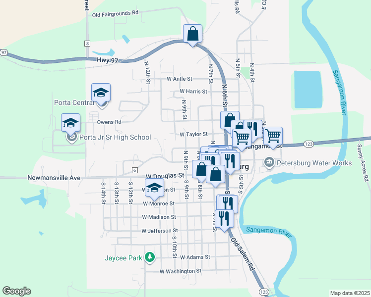 map of restaurants, bars, coffee shops, grocery stores, and more near 298 N 9th St in Petersburg