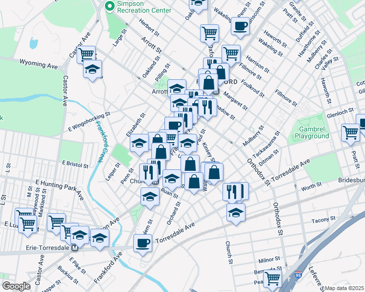 map of restaurants, bars, coffee shops, grocery stores, and more near 4429 Frankford Avenue in Philadelphia
