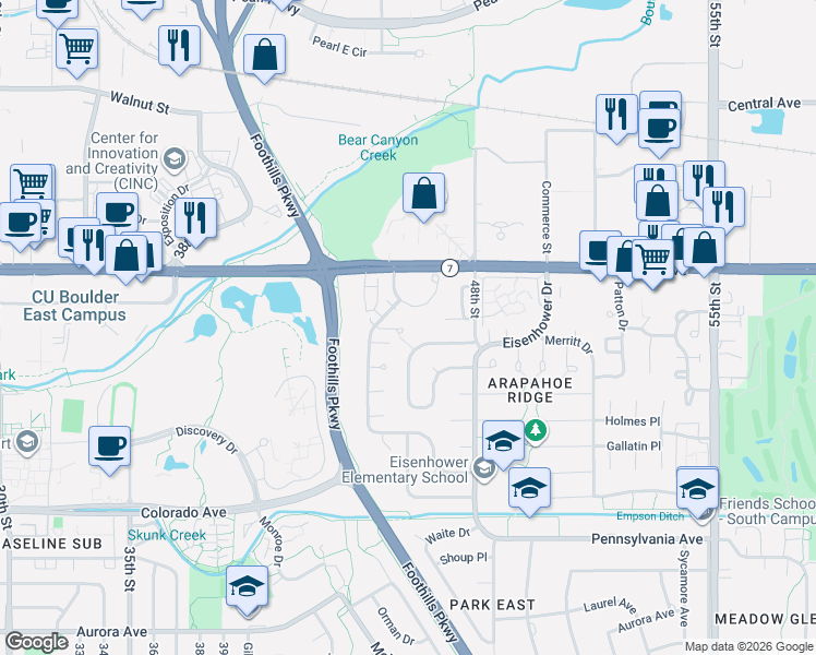 map of restaurants, bars, coffee shops, grocery stores, and more near 4774 McKinley Drive in Boulder