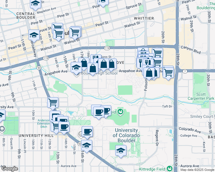 map of restaurants, bars, coffee shops, grocery stores, and more near in Boulder