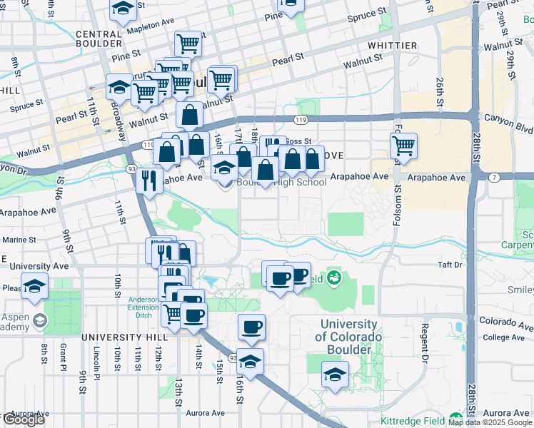 map of restaurants, bars, coffee shops, grocery stores, and more near in Boulder