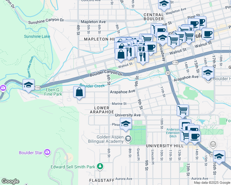 map of restaurants, bars, coffee shops, grocery stores, and more near in Boulder