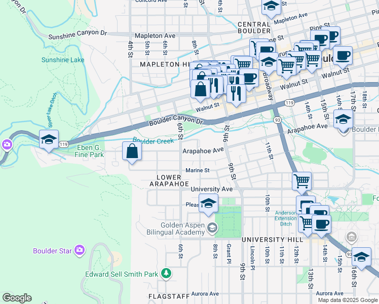 map of restaurants, bars, coffee shops, grocery stores, and more near in Boulder