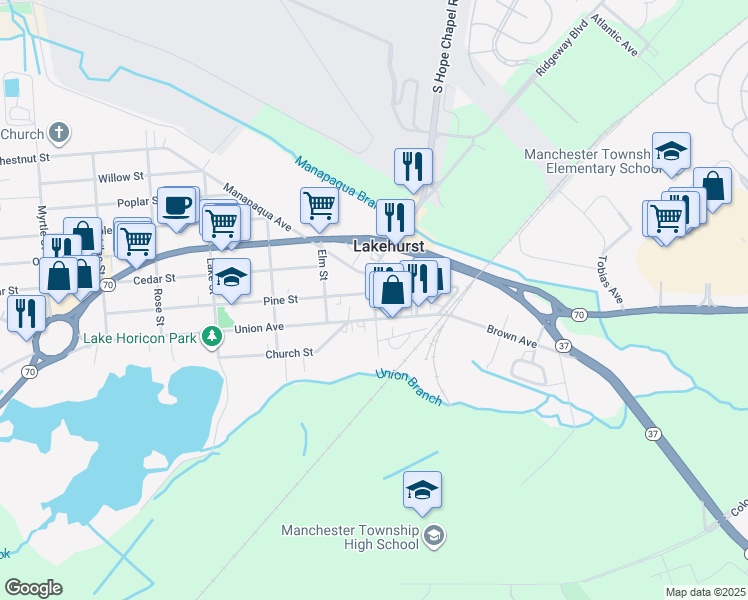 map of restaurants, bars, coffee shops, grocery stores, and more near 111 Union Avenue in Lakehurst
