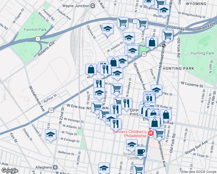 map of restaurants, bars, coffee shops, grocery stores, and more near 3835 North Gratz Street in Philadelphia