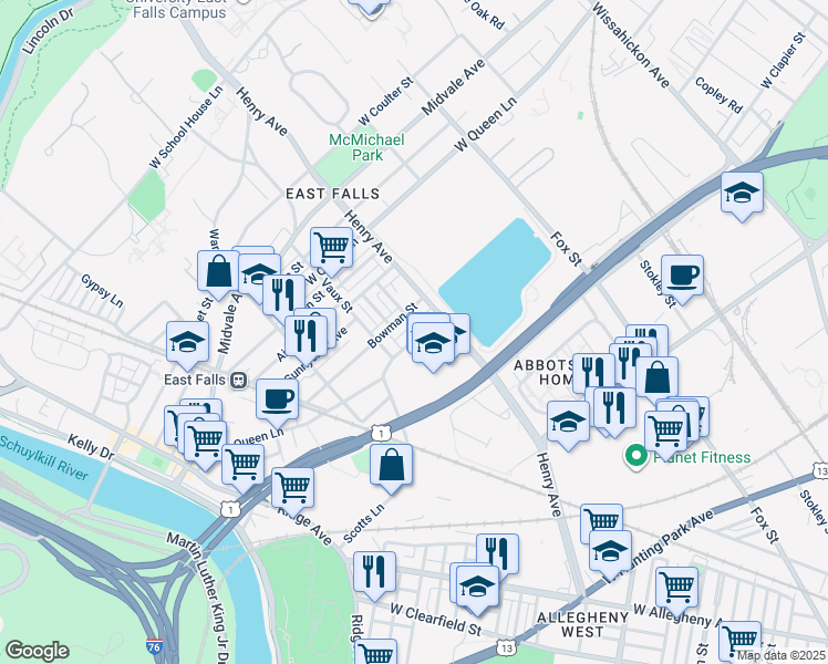 map of restaurants, bars, coffee shops, grocery stores, and more near 3300 Henry Avenue in Philadelphia