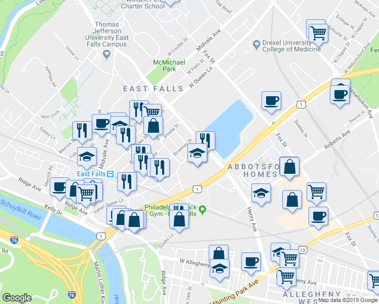 map of restaurants, bars, coffee shops, grocery stores, and more near in Philadelphia