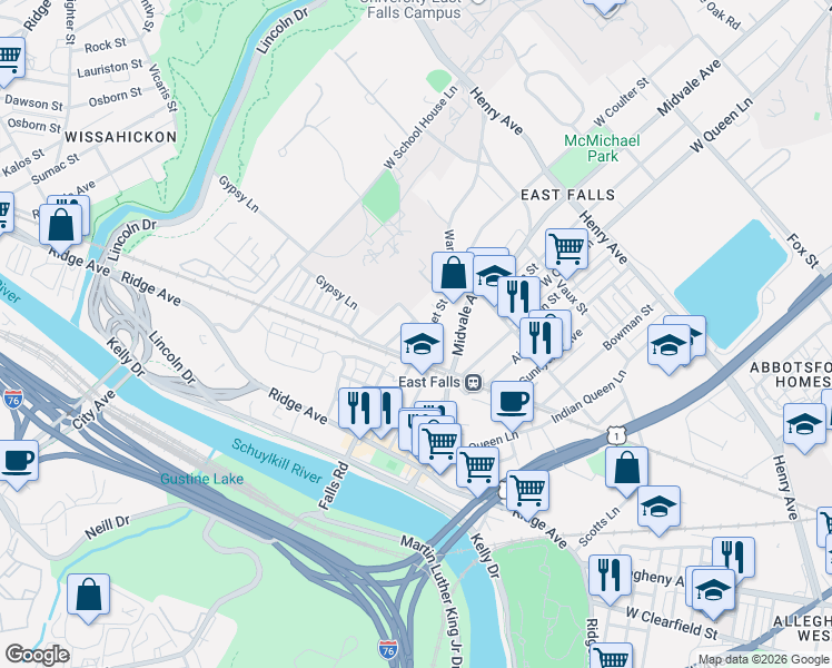 map of restaurants, bars, coffee shops, grocery stores, and more near 3409 Cresson Street in Philadelphia