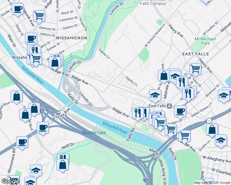 map of restaurants, bars, coffee shops, grocery stores, and more near 4467 Riverview Lane in Philadelphia