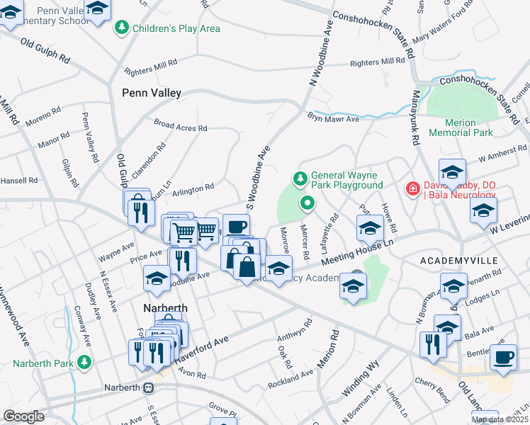 map of restaurants, bars, coffee shops, grocery stores, and more near 427 South Woodbine Avenue in Penn Valley