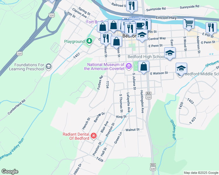 map of restaurants, bars, coffee shops, grocery stores, and more near 507 Oakwood Drive in Bedford