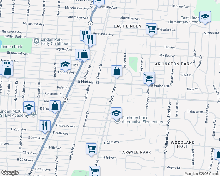 map of restaurants, bars, coffee shops, grocery stores, and more near 2217 Joyce Avenue in Columbus