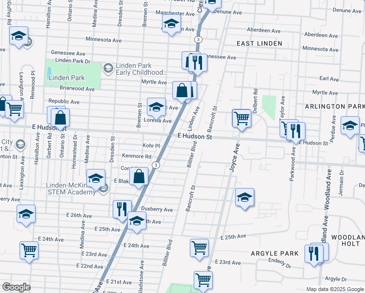 map of restaurants, bars, coffee shops, grocery stores, and more near 1613 Kohr Place in Columbus