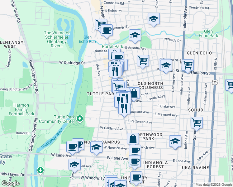 map of restaurants, bars, coffee shops, grocery stores, and more near 2463 North Wall Street in Columbus