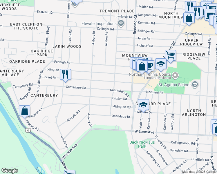 map of restaurants, bars, coffee shops, grocery stores, and more near 2307 Canterbury Road in Columbus