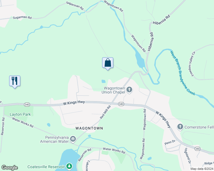 map of restaurants, bars, coffee shops, grocery stores, and more near 107 Laurel Drive in Coatesville