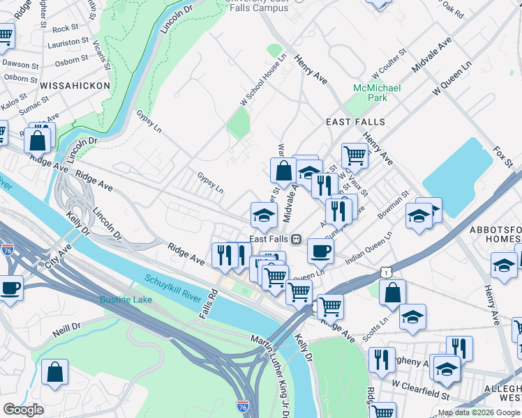 map of restaurants, bars, coffee shops, grocery stores, and more near 3409 Cresson Street in Philadelphia