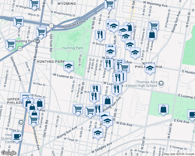 map of restaurants, bars, coffee shops, grocery stores, and more near 4001 North 7th Street in Philadelphia