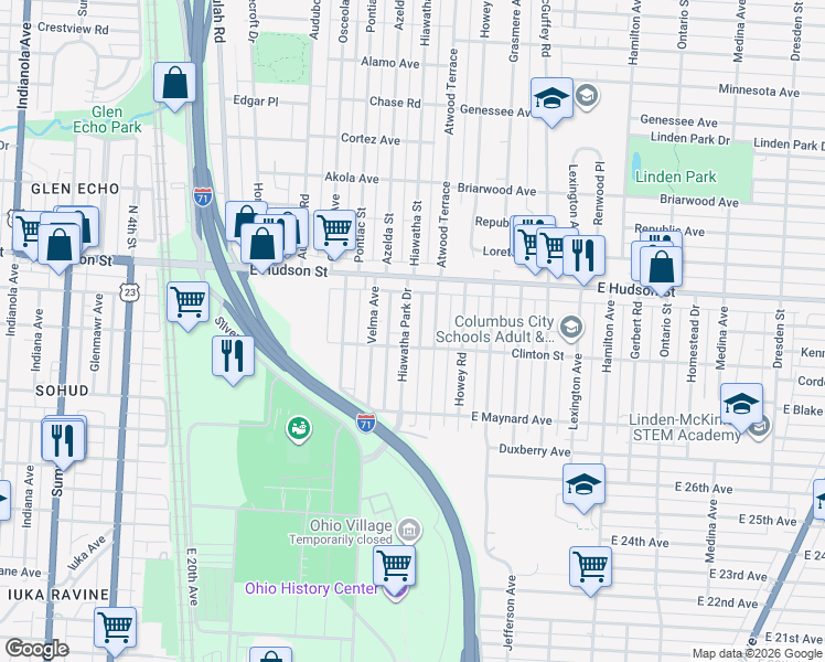 map of restaurants, bars, coffee shops, grocery stores, and more near 2346 Hiawatha Park Drive in Columbus