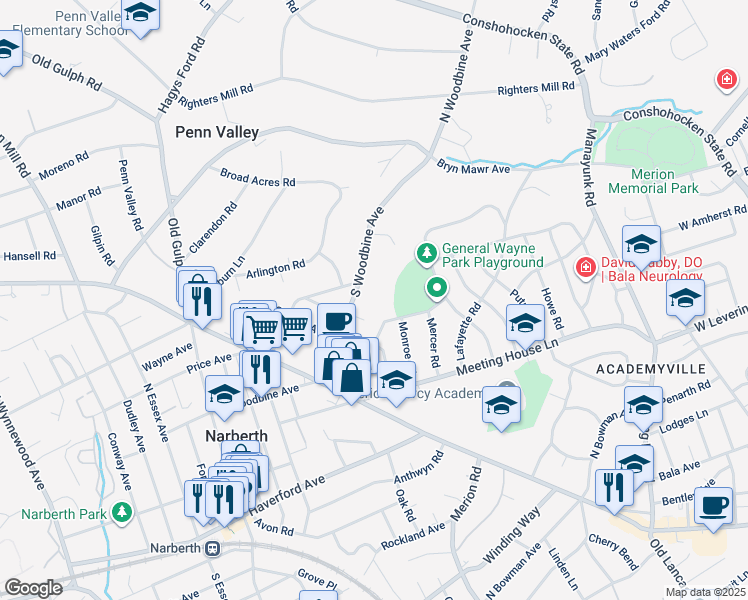 map of restaurants, bars, coffee shops, grocery stores, and more near 383 Maplewood Avenue in Merion Station
