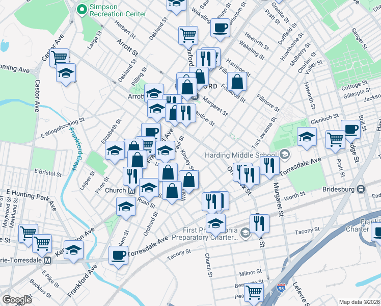 map of restaurants, bars, coffee shops, grocery stores, and more near 4516 Hedge Street in Philadelphia