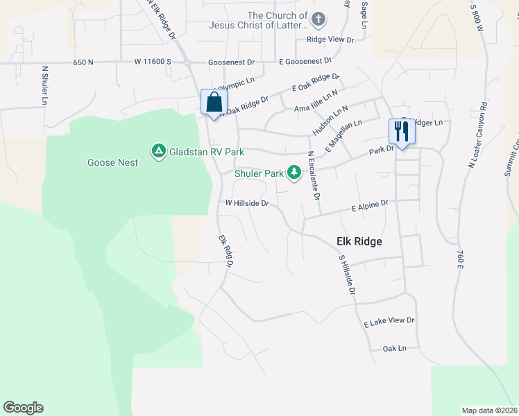 map of restaurants, bars, coffee shops, grocery stores, and more near 57 West Hillside Drive in Elk Ridge