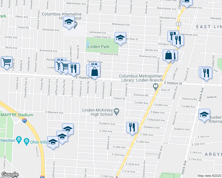map of restaurants, bars, coffee shops, grocery stores, and more near Medina Avenue & East Tompkins Street in Columbus