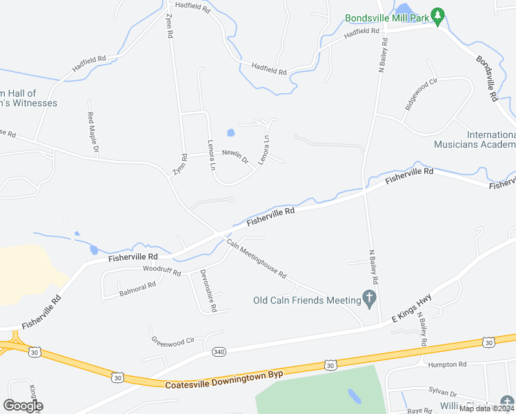 map of restaurants, bars, coffee shops, grocery stores, and more near 2713 Fisherville Road in Coatesville