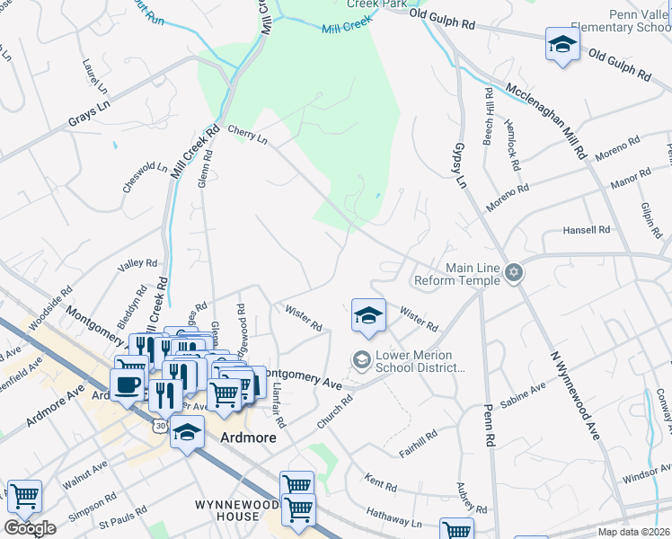 map of restaurants, bars, coffee shops, grocery stores, and more near 311 Llanfair Road in Wynnewood